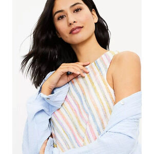 Lou & Grey Racerback Rainbow Stripe Swing SMALL Dress Textured knotted Bubbled